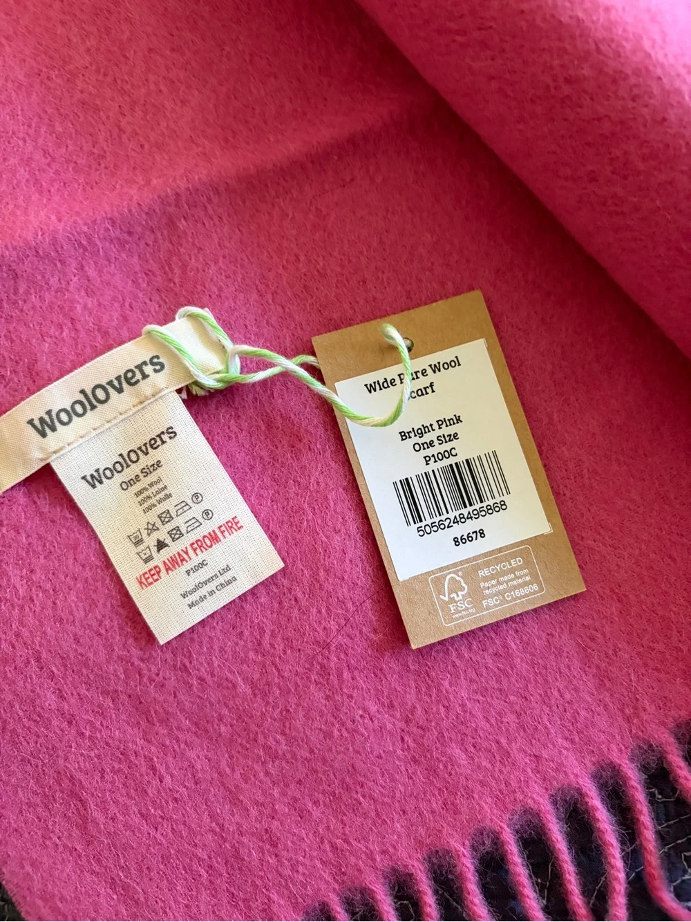 NWT WoolOvers Women’s Pink Fringe Scarf - Classic Wrap 100% Wool